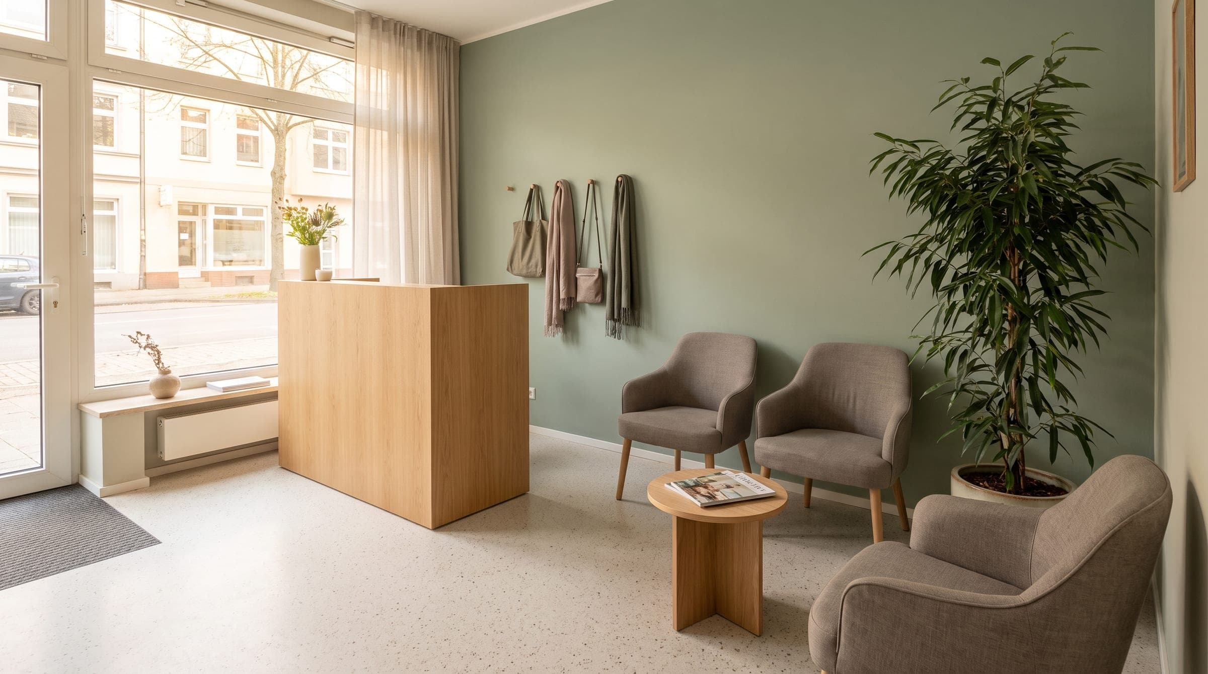 Empfangs- und Wartebereich einer Physiotherapiepraxis mit Holztresen und Sesseln