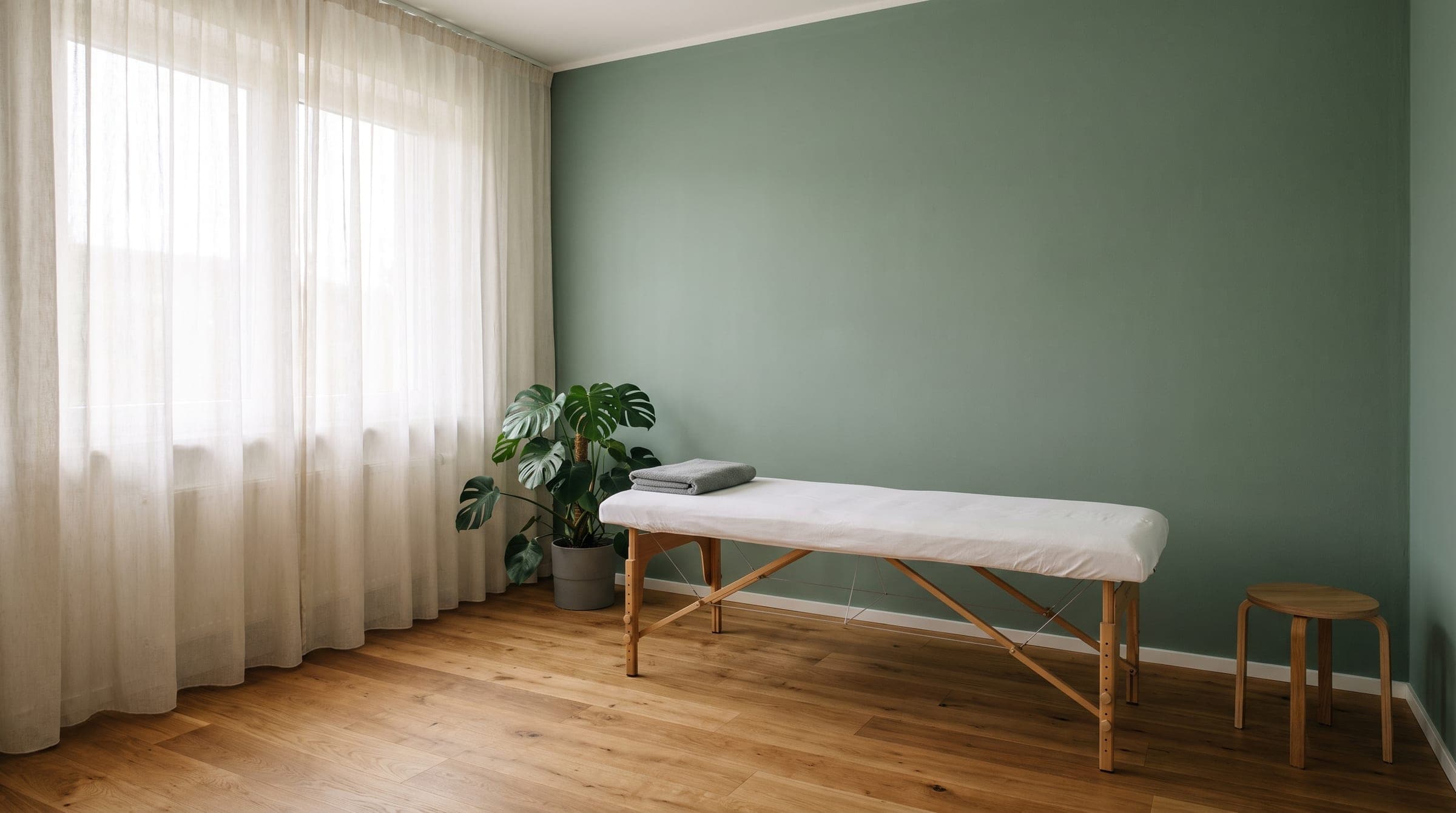 Ruhiger Behandlungsraum einer Physiotherapiepraxis mit Behandlungsliege, Tageslicht und salbeigrüner Wand